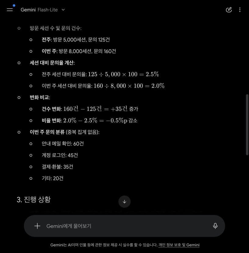 Gemini Flash-Lite의 실제 보고서 응답. 전주 문의율 2.5%, 이번 주 2.0%, 문의 건수 35건 증가와 문의율 0.5%p 감소를 계산한 화면